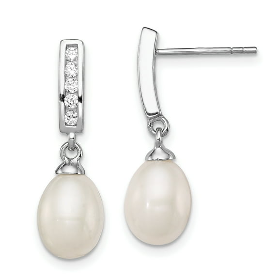 Primal Silver Sterling Silver Rhodium-plated 8-9mm White Freshwater Cultured Pearl CZ Post Dangle Earrings