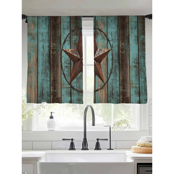 Teal Brown Texas Star Sheer Curtains for Living Room Bedroom Vintage Star Wooden Sheer Curtains 54 Inch Long 2 Panels Set Light Filtering Curtain Window Treatments Drapes for Dining Room