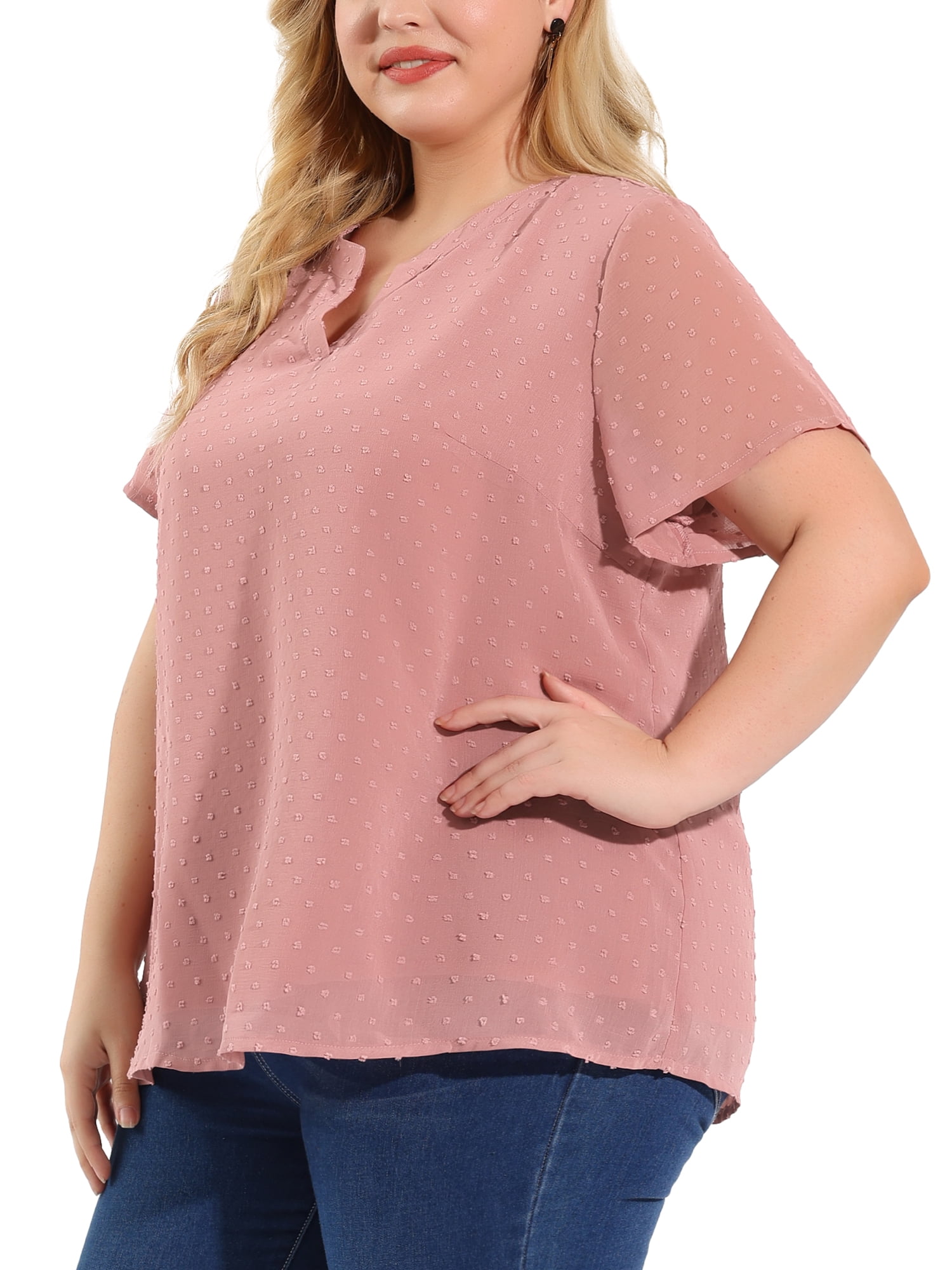 Unique Bargains Women's Plus Size Outfits Fashion Solid Pin Dots V Neck Top 4X Pink