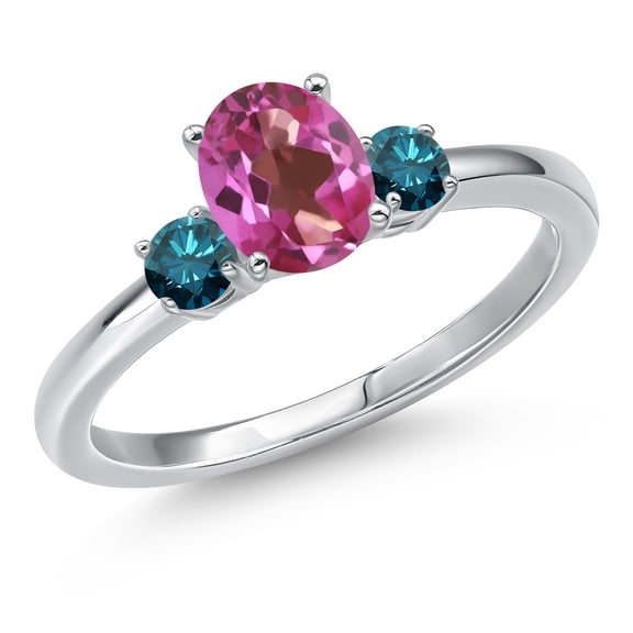 Gem Stone King 14K White Gold Pink Mystic Topaz and Blue Diamond Engagement Ring for Women | 1.00 Cttw | Oval 7X5MM | Gemstone November Birthstone | Size 7