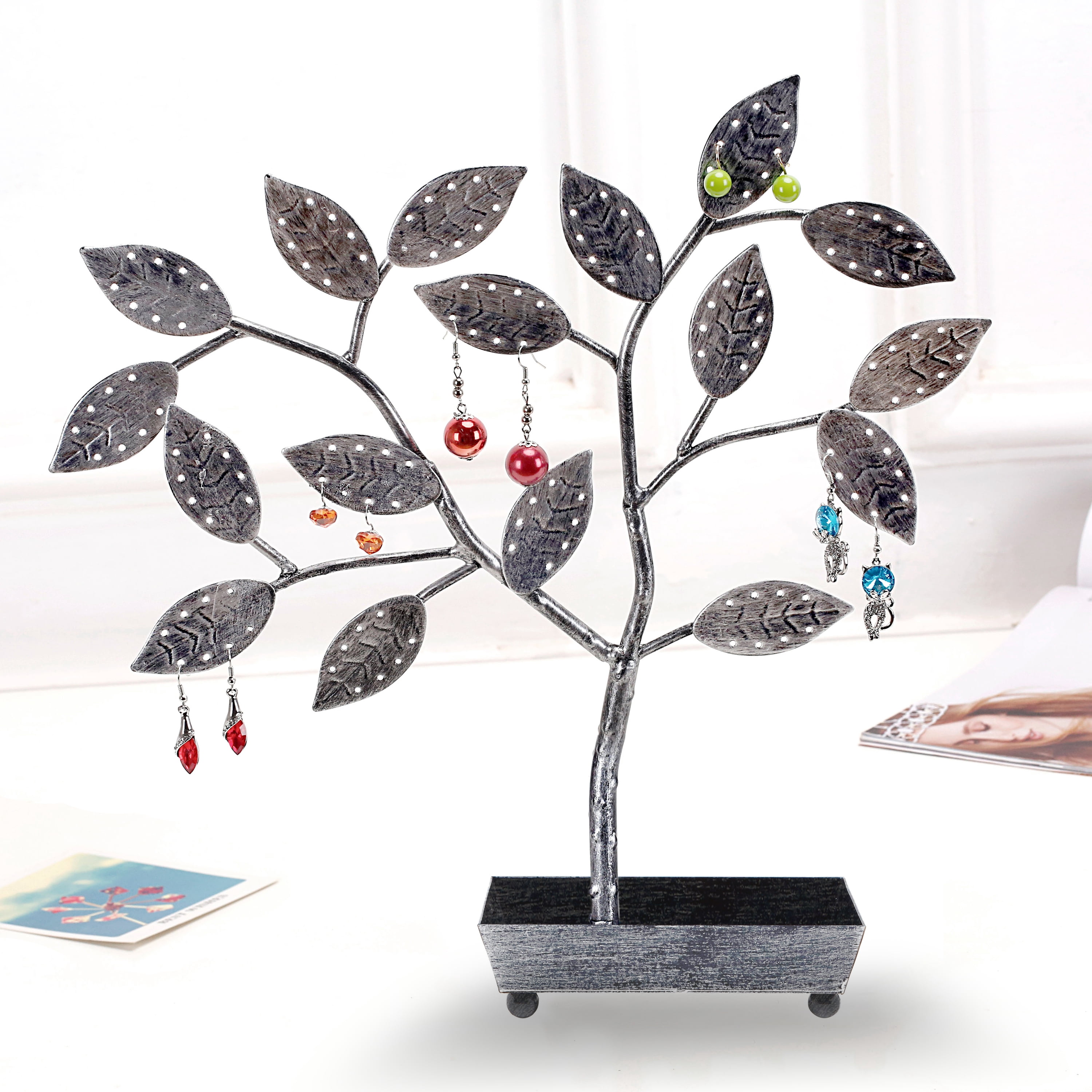 MyGift Tree Design Jewelry Hanger, Earring Necklace Holder with Ring Dish Tray, Silver