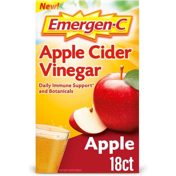 EmergenC Apple Cider Vinegar Fizzy Drink Mix, Dietary Supplement for Immune Support, Apple, 18