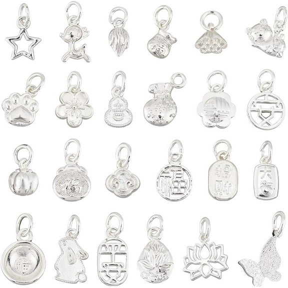 24 Styles Lucky Charms Pendants Brass Silver Charms Animal Butterfly Flower Pendant DIY Jewelry Making Accessories Bulk with Jump Ring for Earrings Necklace Bracelet Craft Making, 24pcs
