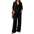 thumbnail image 3 of Women Lounge Sets 2 Piece Cotton Linen Outfits Summer Casual Long Sleeve V Neck Pullover Top Wide Leg Pants Matching Sets Trendy Clothes Going Out Suits for Womens Black L, 3 of 8