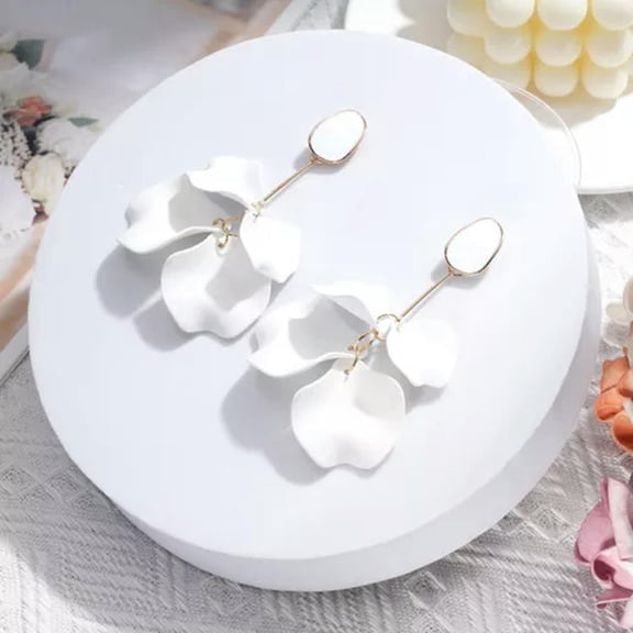 HOOUN Fashion Women Rose Petals Tassel Earrings Jewelry Long Dangle Drop Earrings Pair-White