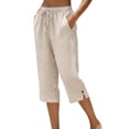 thumbnail image 2 of Womens Petite Capri Pants Stripe Cotton Loose Fit Straight Leg Drawstring Elastic Waist Cropped Pant Casual Summer Linen Pull On Clothes Khaki L, 2 of 3