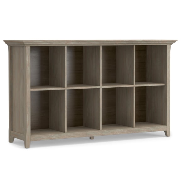Simpli Home Amherst 57 inch Wide Solid Wood Transitional 8 Cube Storage Sofa Table in Distressed Grey