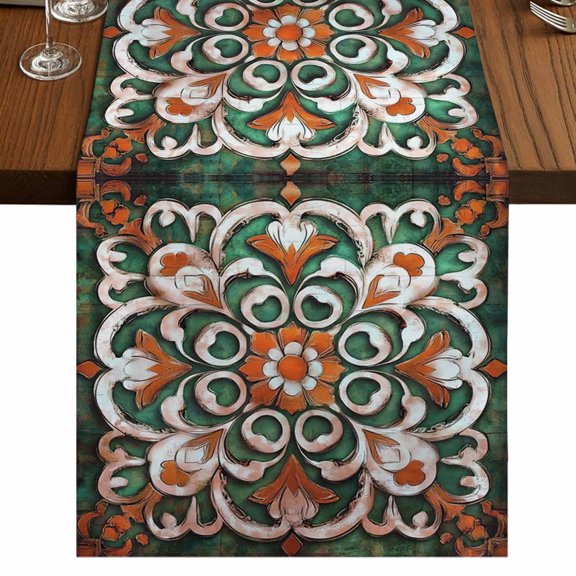 Burnt Orange Green Flower Table Runner 70 Inches Long, Boho Ethnic Vintage Cotton Linen Table Runners Dresser Scarves, Decorative Fabric Tabletop Scarf Furniture Cover for Home Dinner Party 13"x70"