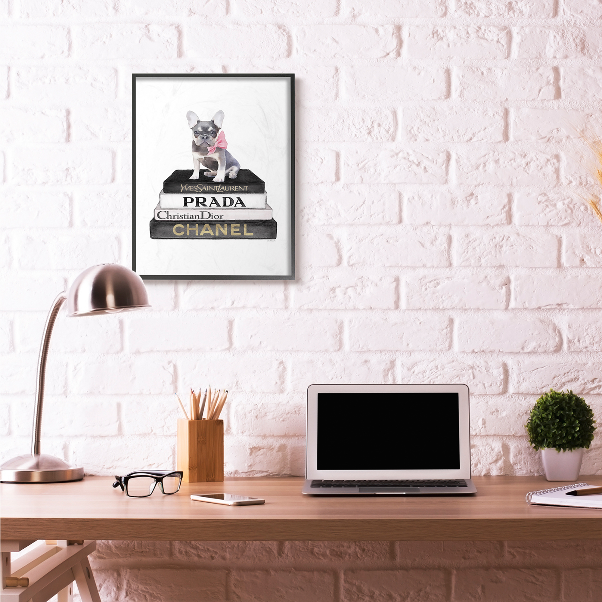 Stupell Industries Fashion Designer Pet Dog Bookstack Black Gold Watercolor Framed Wall Art by Amanda Greenwood