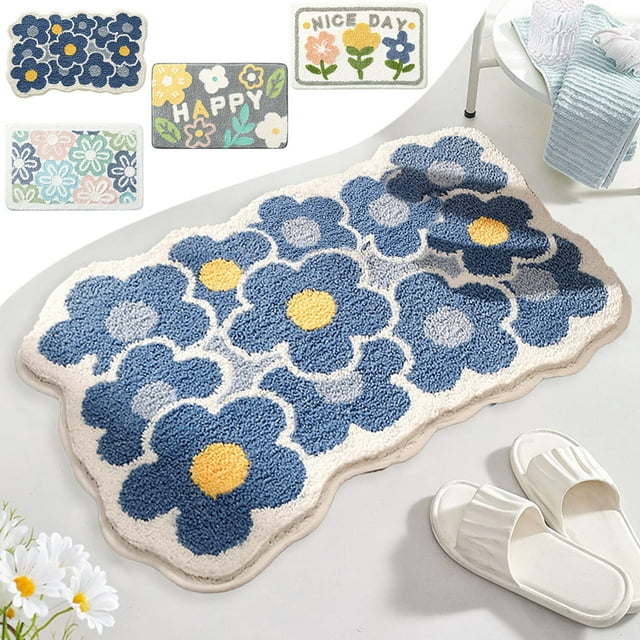 Sentmoon Washable Bath Mat Bathroom Rugs Moss Rug Floral Area Rugs Flowers Bathroom Rug Mat Extra Thick and Absorbent Bath Rugs Non-Slip Soft Bath Carpet Wash Dry Bathroom