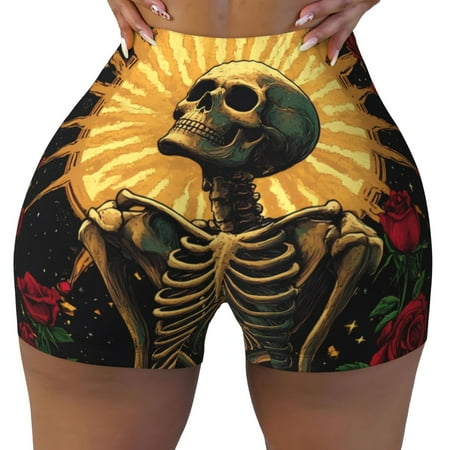 Workout Shorts Women  Gothic Skeleton with Roses Biker Shorts for Women Running Gym Spandex Shorts Tummy Control