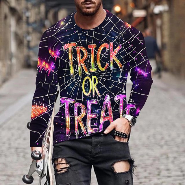 Blusas y camisas de manga larga con cuello redondo para hombre, estilo casual, cuello redondo, manga larga, camiseta estampada de Halloween, blusas, blusas de poliéster para hombre.