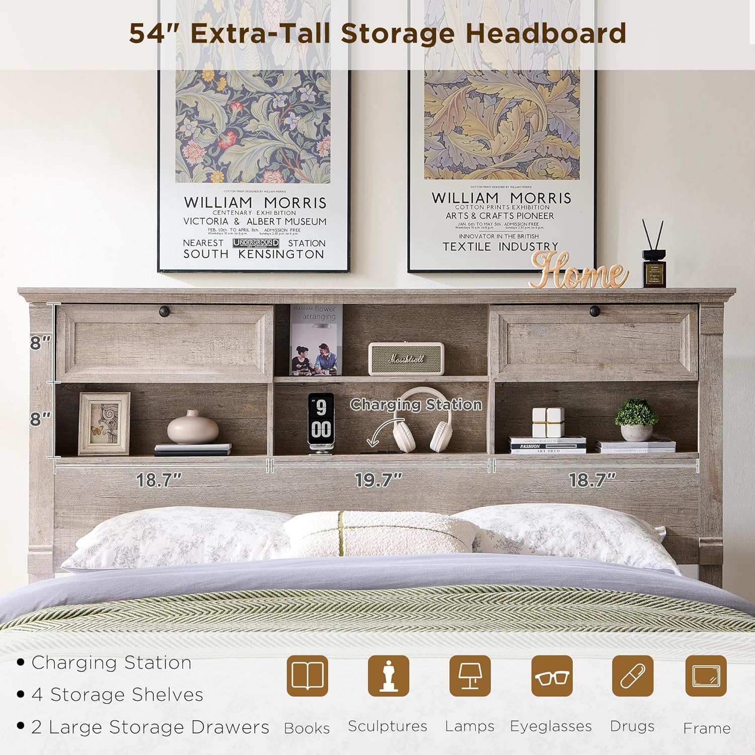 KeyWhat Farmhouse Queen Size Bed Frame with 54" Tall Storage Bookcase Headboard, Wood Platform Bed Frame with 2 Drawers, No Box Spring Needed, Light Rustic Oak