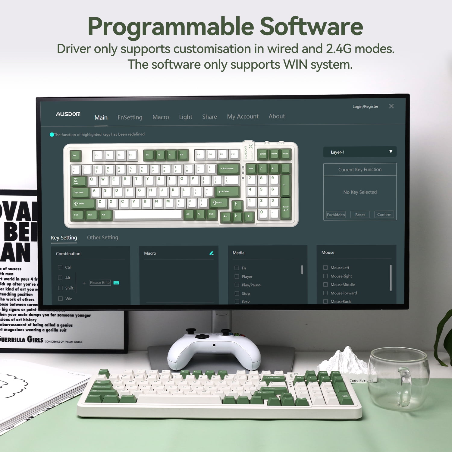 AUSDOM 98Pro Wireless Mechanical Silent Keyboard – 97Keys, Silent Tactile Switches, Hot Swappable, White Backlit, Gasket Structure, Bluetooth/2.4GHz/USB-C, Customizable (Green & White-Silent)
