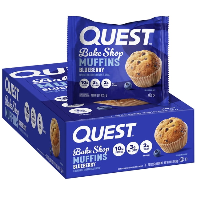 Quest Bake Shop Muffins de Blueberry - Alto en Proteína, Bajo en Azúcar, 10 g de Proteína por Porción, Snack Saludable para Llevar, 2 g de Azúcar