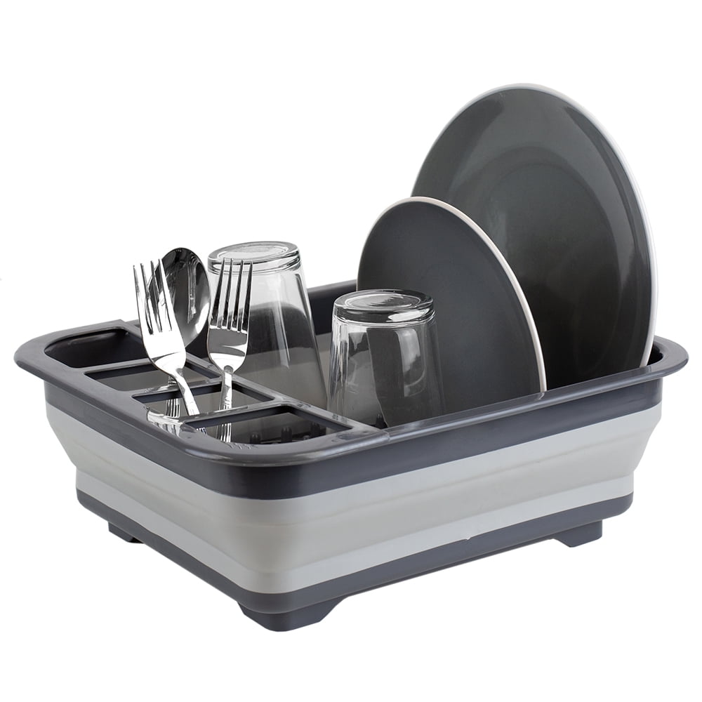 Home Basics Silicone and Plastic Easy Storage Collapsible Dish Rack, Grey