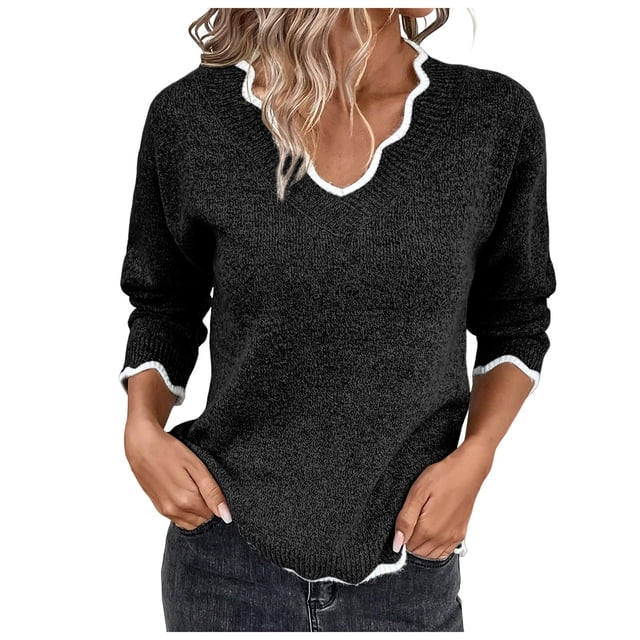 Lixiuxyad Chandail Mignon à Col en V pour Femmes Noir