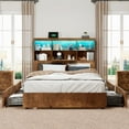 thumbnail image 5 of VanAcc King Size Bed Frame with LED Bookcase Headboard, Wooden Storage Bed with Charging Station & 4 Drawers, Rustic Brown, 5 of 9