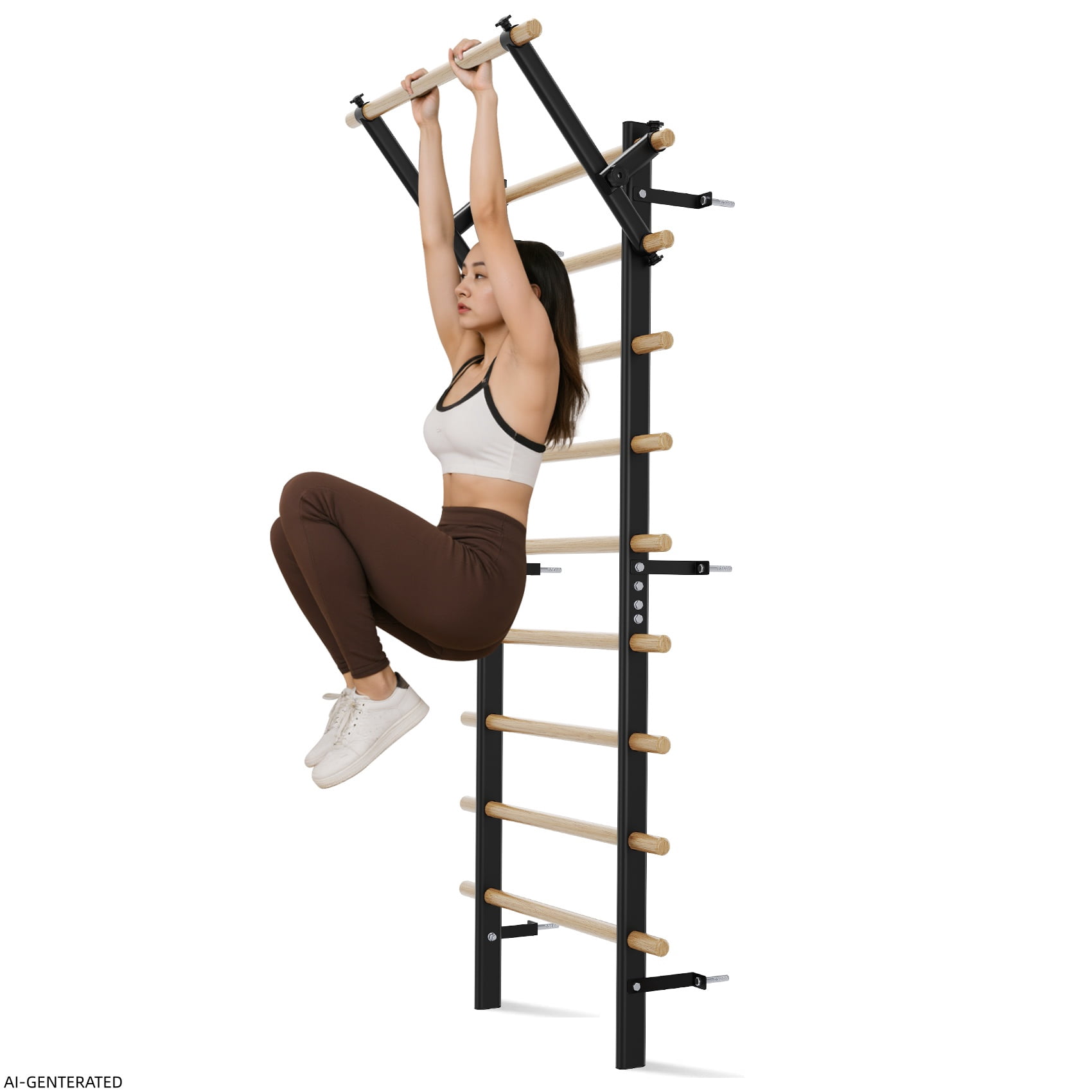 FiitDavz Swedish Ladder Wall Gym, Wooden Stall Bar with Pull-Up Bar and Dip Bar, Adjustable, 300 lb Capacity