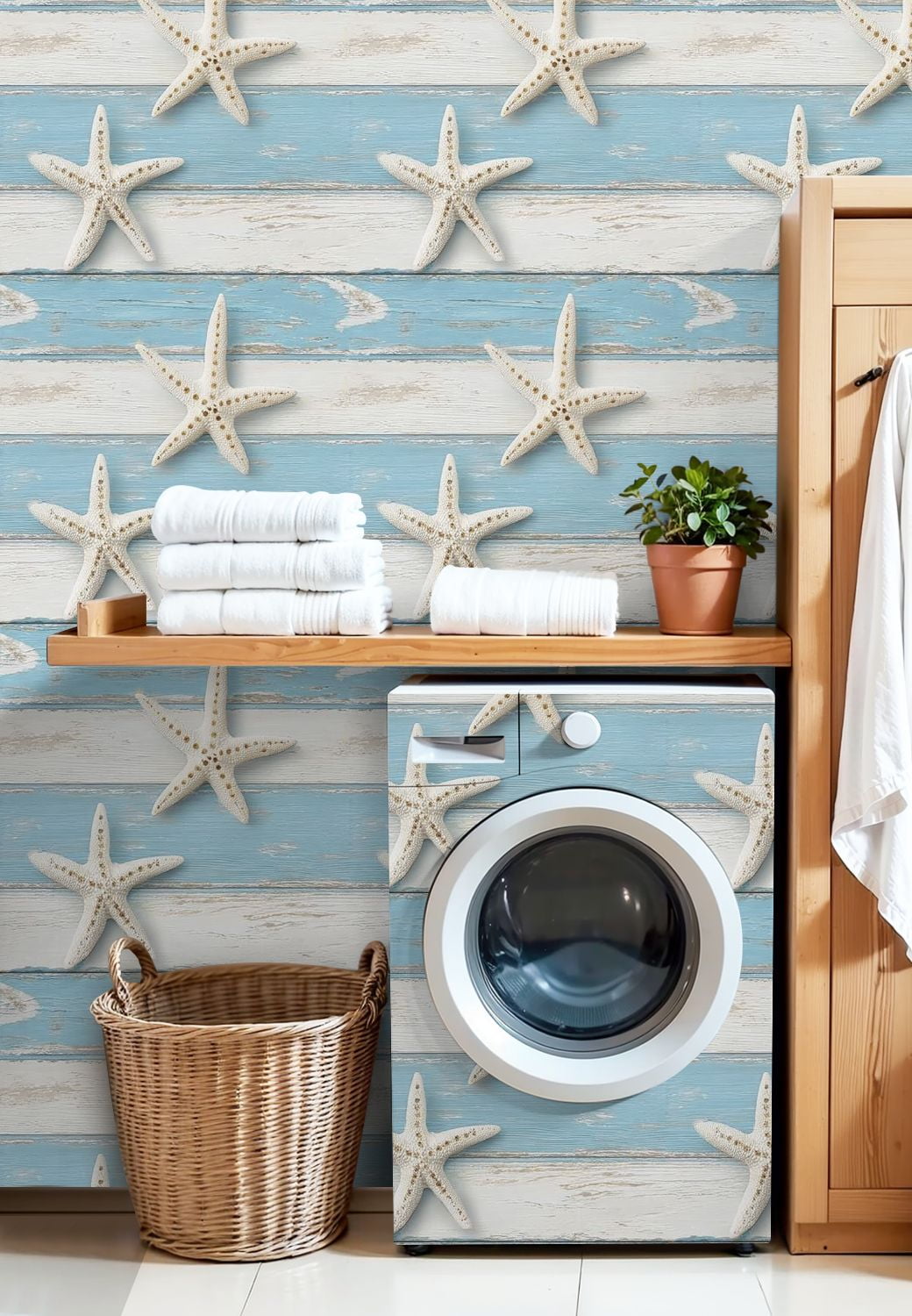 Coastal Peel and Stick Wallpaper Starfish Wooden Blue White Beach Style Contact Paper 17.7in x 9.8ft Wallpaper Removable Self Adhesive Wall Paper for Bedroom