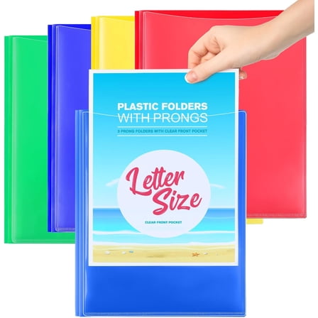 Heavy Duty Plastic Folders with Pockets, 4 Pack 2 Pocket 3 Prong Folders, Letter Size Clear Front Pocket Folders for Office Documents, Multicolor