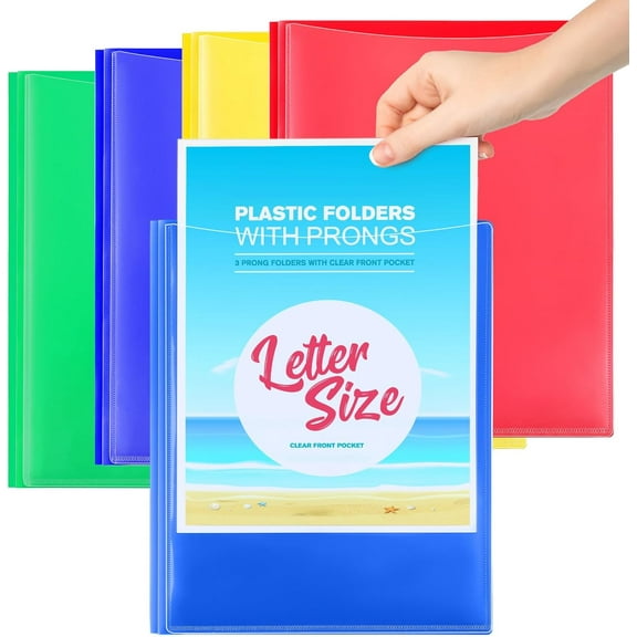 Heavy Duty Plastic Folders with Pockets, 4 Pack 2 Pocket 3 Prong Folders, Letter Size Clear Front Pocket Folders for Office Documents, Multicolor