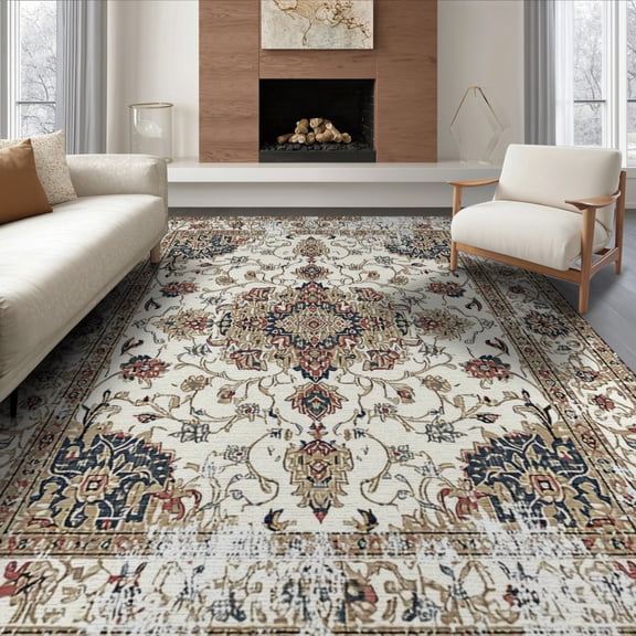 ODIKA 8'x10' Washable Area Rug Vintage Traditional Medallion With Distressed Floral Scroll Border for King Size Bedroom Under Bed, Master Suite, Non-Shedding, Easy Care