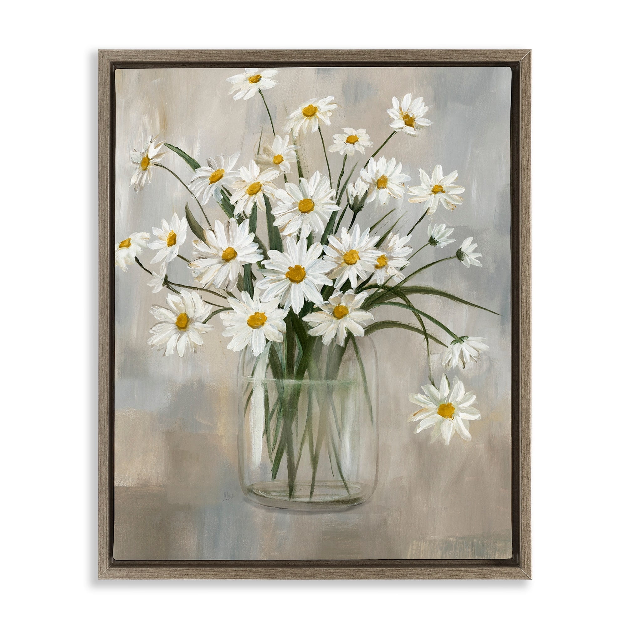 Stupell Industries Potted Daisy Bloom Bouquet Botanical & Floral Painting Brown Floater Framed Canvas Art Print Wall Art, 25 x 31