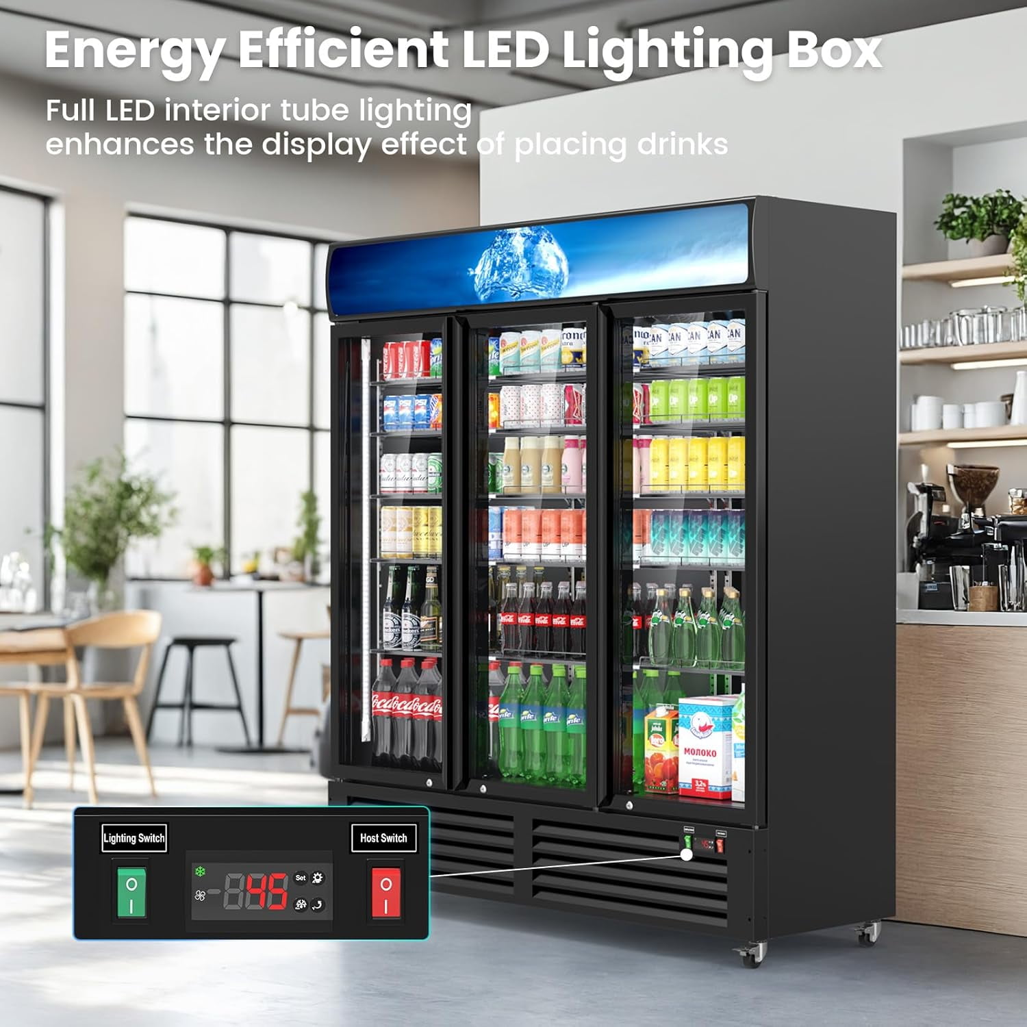 56 Cu Ft Commercial Beverage Cooler - 3 Glass Door Display Fridge, High-Capacity for Restaurant, Bar, Shop