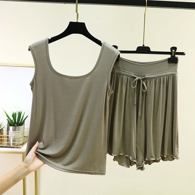 RKSTN Pyjama pour Femmes Ensemble Coton à Volants Grande Taille Col Ras du Cou Sans Manches Camisole de Pyjama avec Shorts 2 Pcs Pyjama Léger pour Femmes
