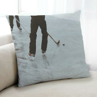 Ice Hockey Pillow Cover for Sofa Couch Bed,Hand Draw Hockey Stick Puck  Graffiti Throw Cushion Cover 24x24 Inches Single Pack,Retro Wooden Lodge  Cabin