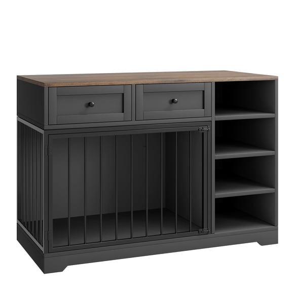 Wooden Dog Crate Furniture with 2 Drawers & 4 Open Shelves, Multi-Functional Pet Kennel & TV Stand with Storage for Indoor Use, Black