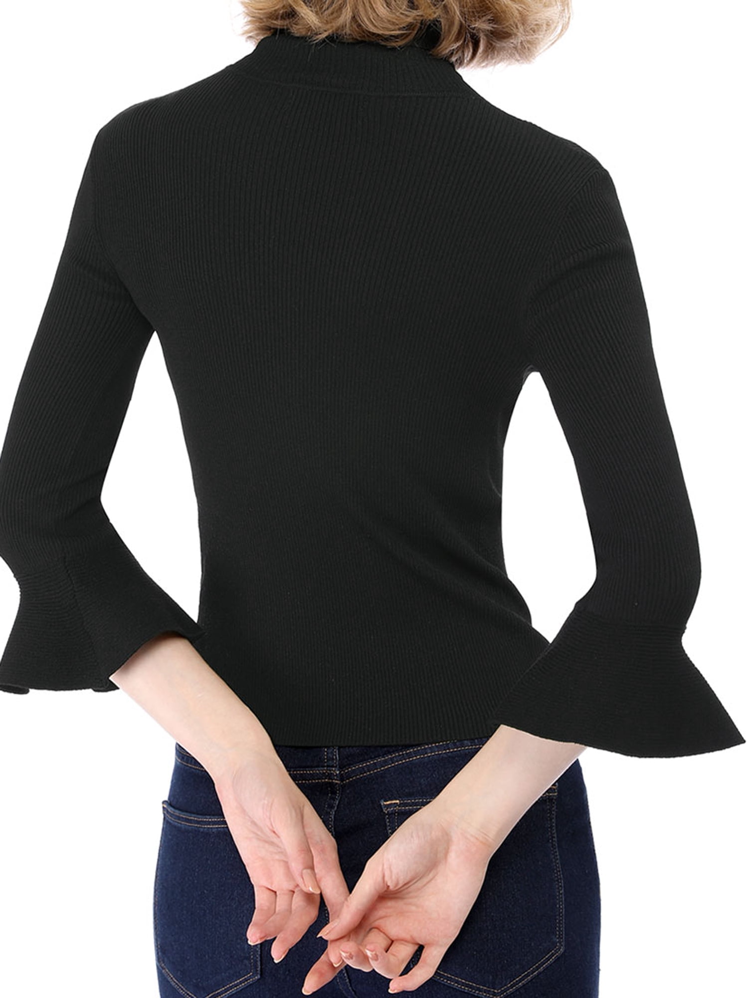 DARING DIVA Women's Ruffle Sleeves Pullover Knit Turtleneck Sweater L Black