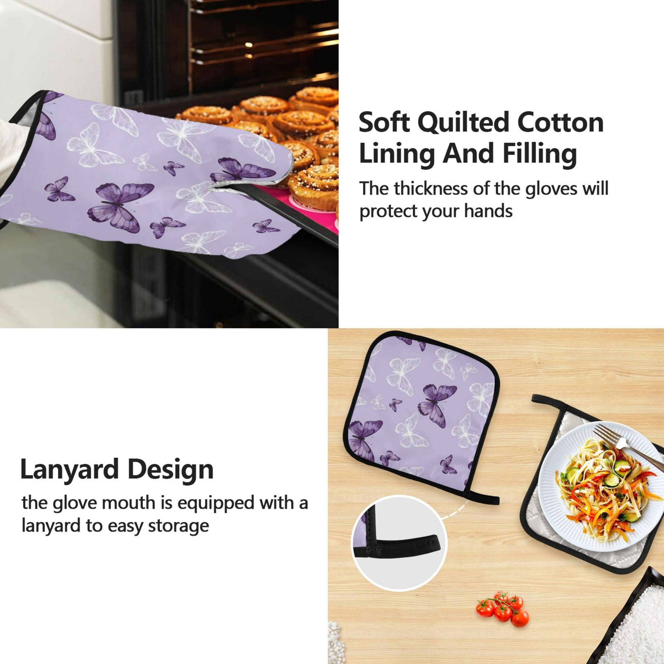 Ryvnso Butterfly Purple Kitchen Apron Oven Mitts Set Pot Holders