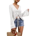 thumbnail image 2 of Womens Boho Off Shoulder Sheer Crochet Crop Top with Bell Sleeves Flowy Oversized Ruched Pullover Sweater, 2 of 6