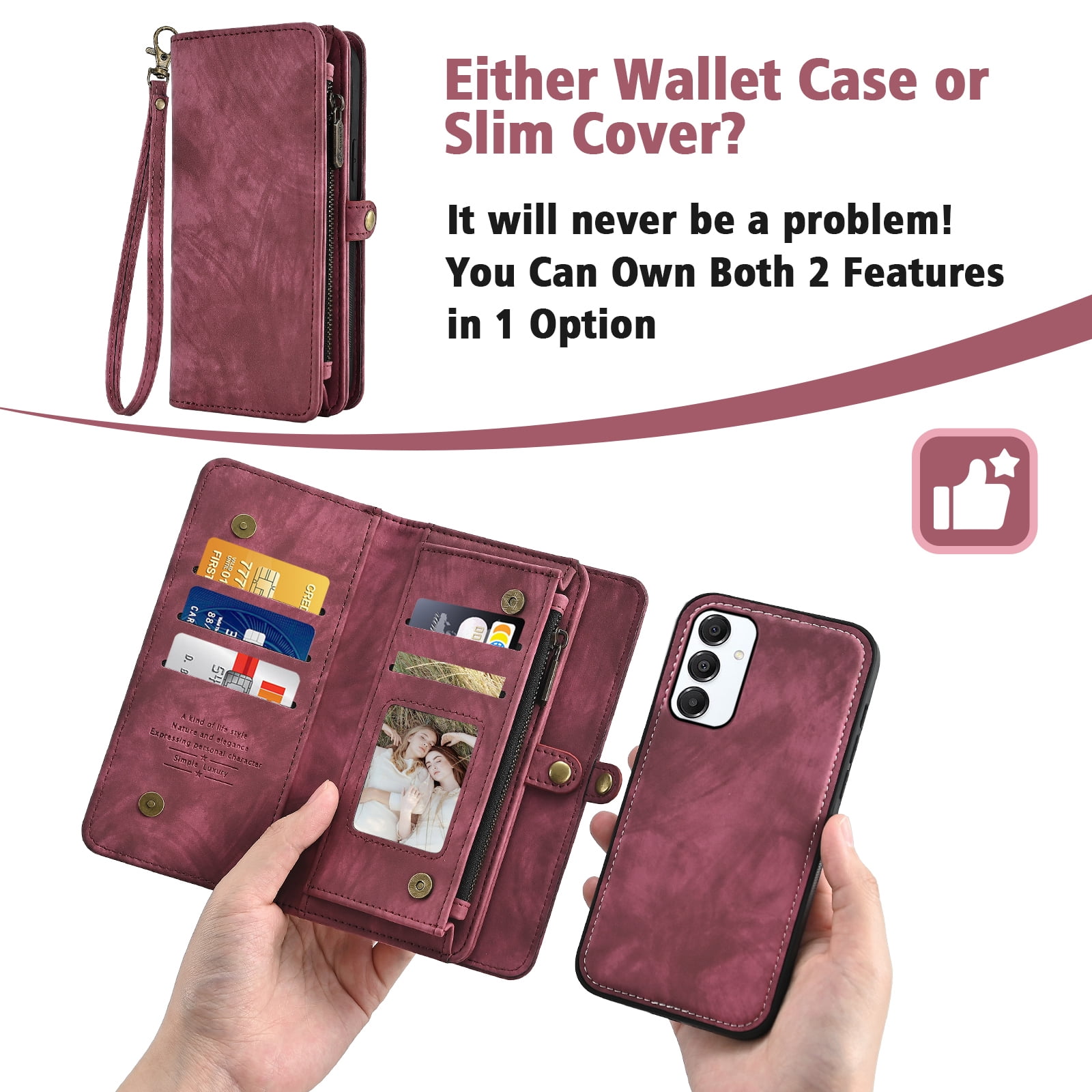 Asuwish Phone Case for Samsung Galaxy A16 5G/4G Zipper Wallet Detachable Cell Cover with Tempered Glass Screen Protector Crossbody Lanyard Strap Flip Card Holder A 16 16A SM-A166U Women Men Girls Red