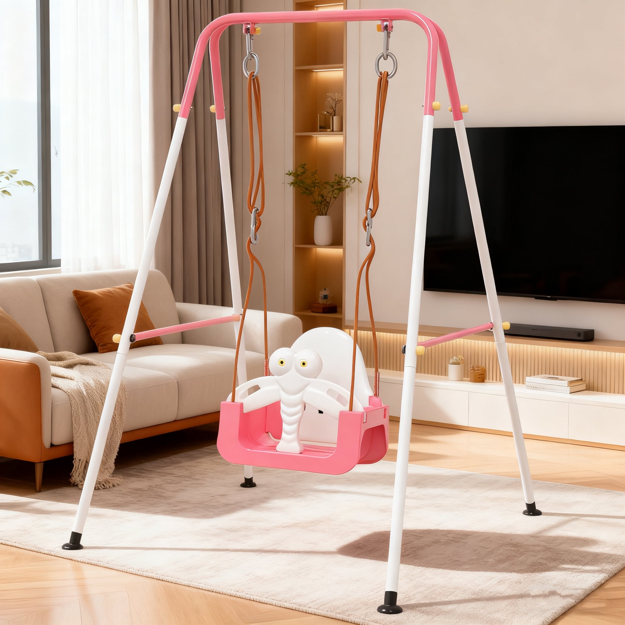 3-in-1 Swing Set,Safety Belt,Indoor/Outdoor,Easy Assembly,Sturdy Metal Stand for Playground/Backyard/Nursery,Pink