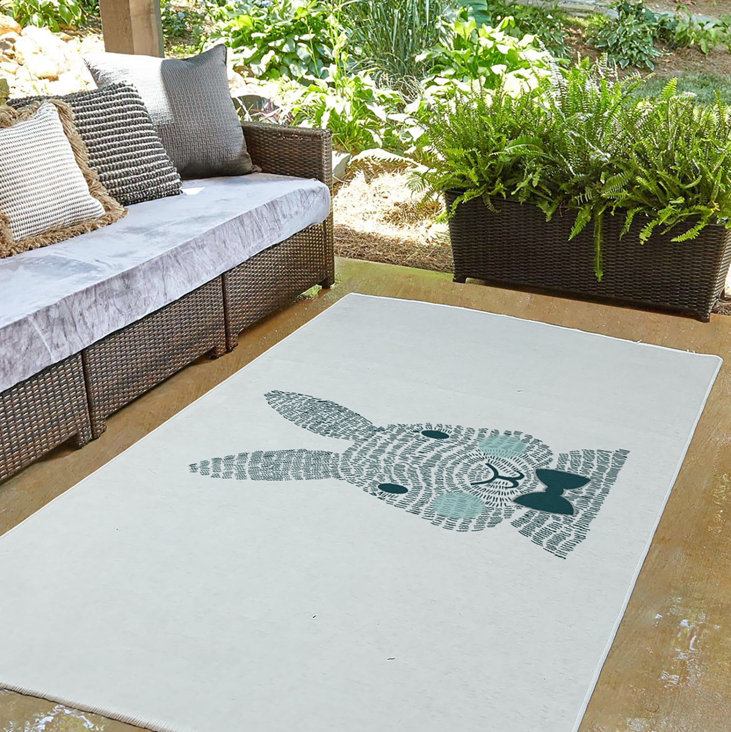 Simply Daisy 3' x 5' Ocean Abyss Green Monochrome Bunny Easter Chenille Indoor/Outdoor Rug