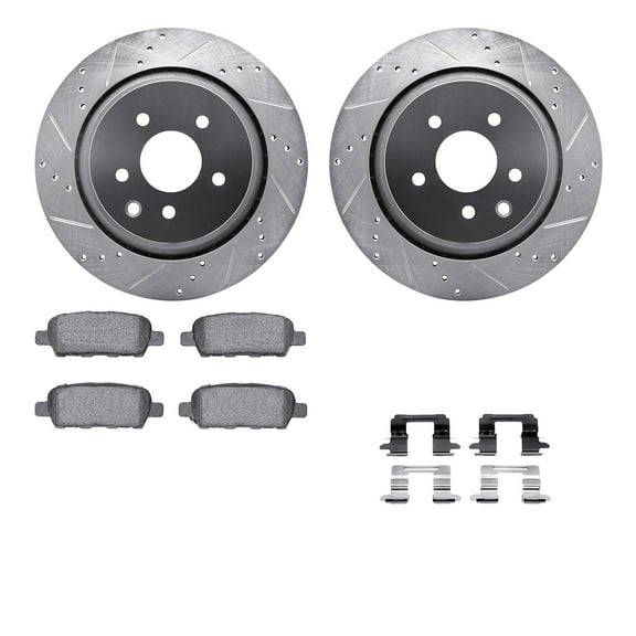 Dynamic Friction Company Rear Brake Rotors-Drilled and Slotted-Silver with 5000 Advanced Brake Pads includes Hardware 7512-68011