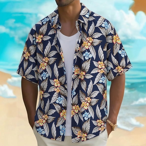 Hawaiian Shirt for Men Beach Vacation Summer Short Beach Flower Shirt Sleeve Button Down Mens Shirts Casual Stylish Multicolor M