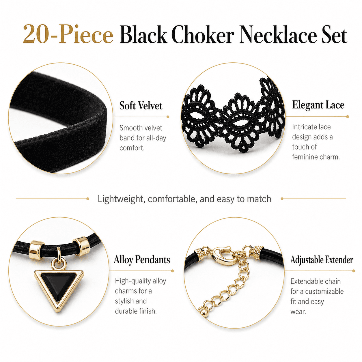 Kabuer Choker Necklace Set for Women, Velvet Black, Lace 
