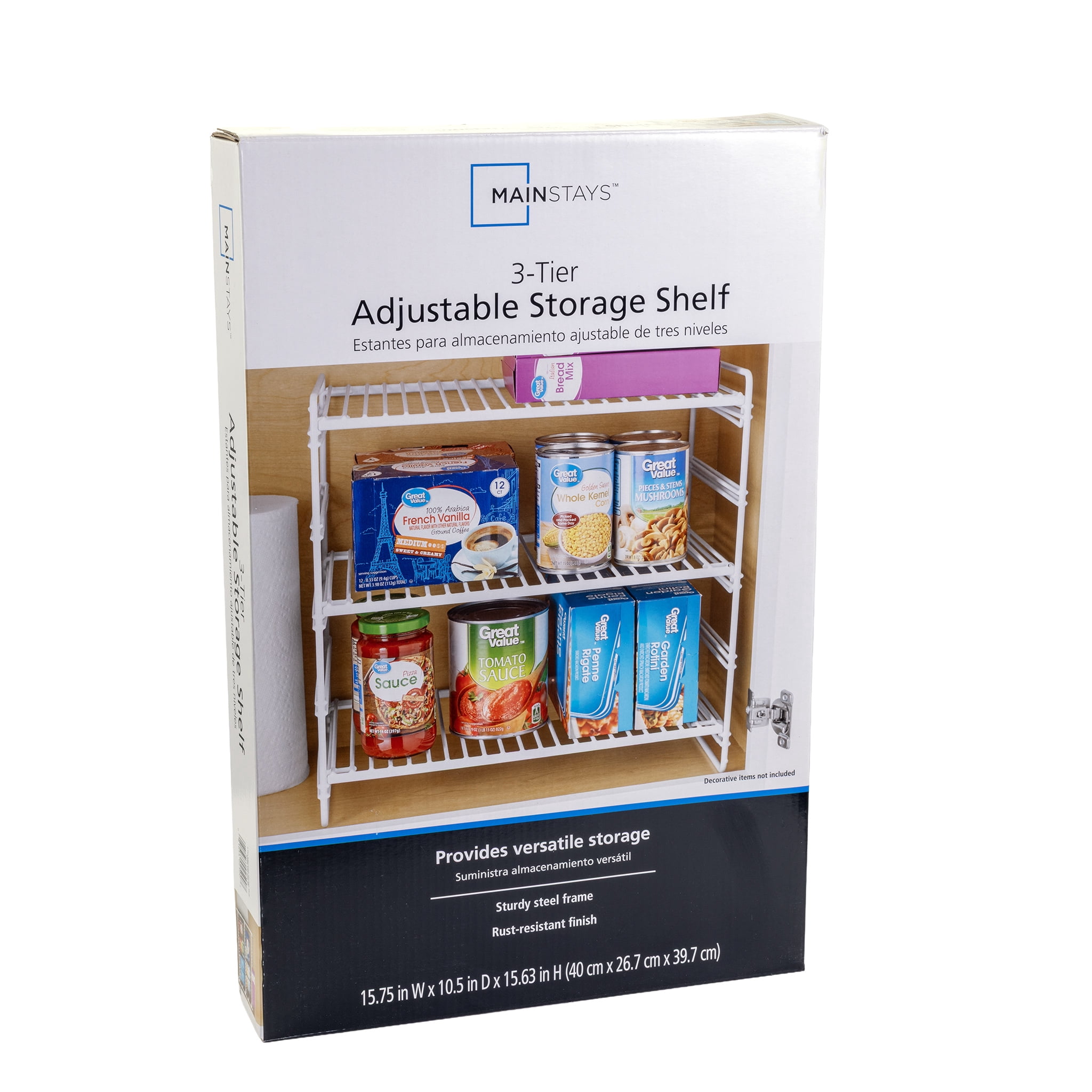 Mainstays Organizer Kitchen Adjustable 3-Tiers Steel Dimensions: 10.5" W x 10.5" D x 15.64" H Storage Shelves White
