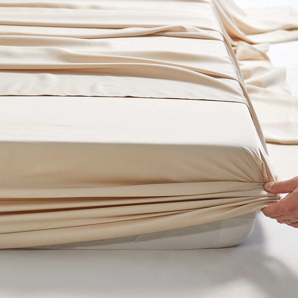 100% Organic Bamboo Sheets Queen Set 4 pcs - Luxury Soft with 18 Inch Deep Pocket - Ultra Breathable Cooling Sheets for Hot Sleepers - Queen Bed Sheets（Beige)