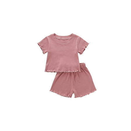 

CenturyX 2Pcs Toddlers Summer Ribbed Suit Solid Color O-Neck Short Sleeves Tops + Elastic Waist Shorts Outfits for Girls Boys 1-5T Pink 2-3 Years