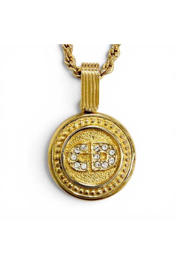 Pre-Owned Christian Dior Vintage CD Logo Rhinestone Coin Motif Necklace, Gold, Women's Accessory
