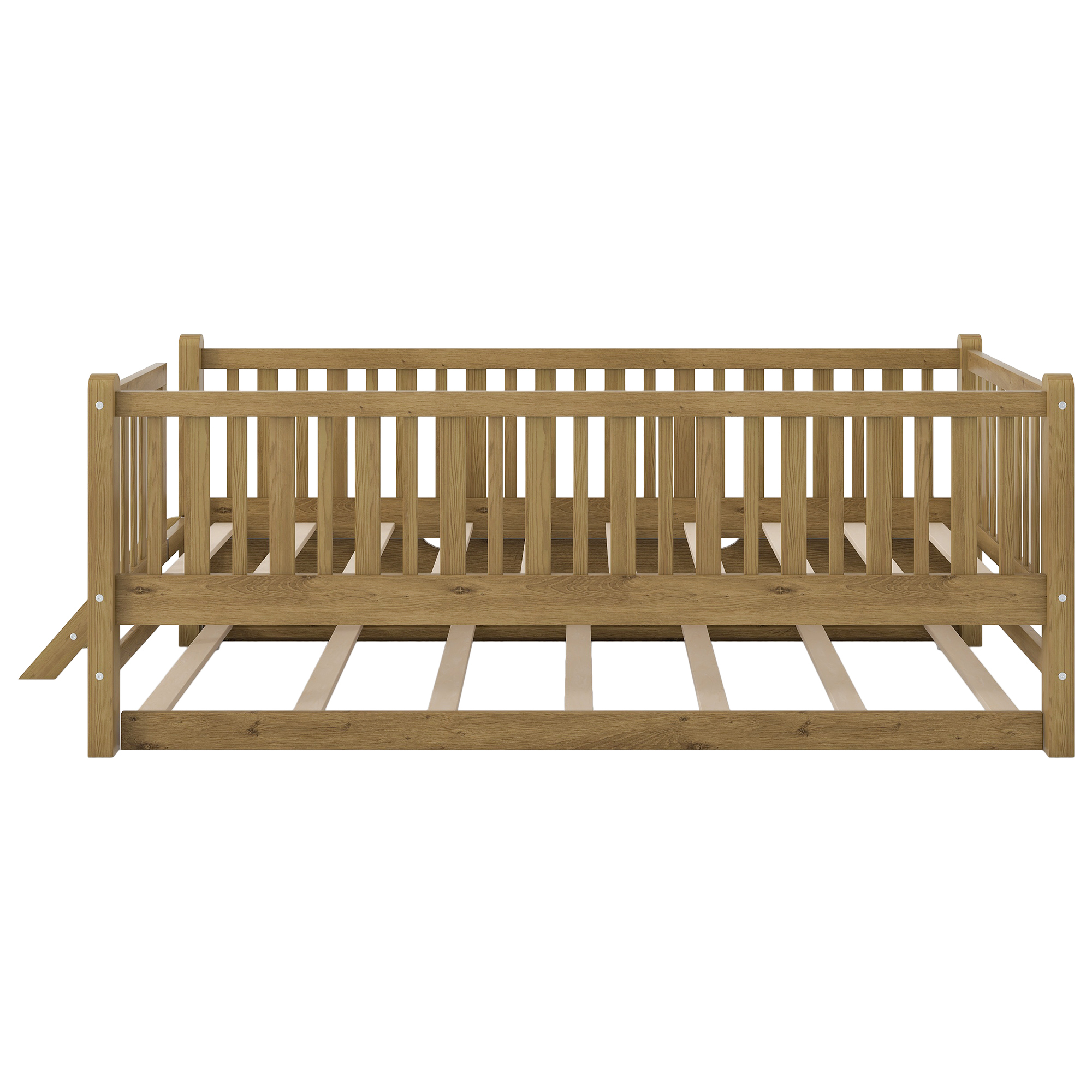 Euroco Wood Twin Size Platform Bed with Trundle, Guardrail Bed for Kids Teens Toddler, Walnut