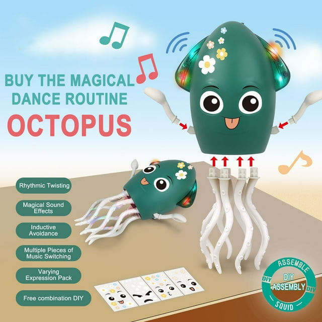 Juguete de calamar bailarín inteligente y maravilloso, juguete de baile juguetón, juguetes con sensor de obstáculos para gatear y bailar con luces y sensor de música para