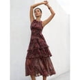 thumbnail image 2 of Multicolor Flowy Ruched Tiered Ruffled Paisley Chiffon Midi Dress, Lined, Spring Summer, 2 of 6