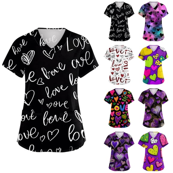 Valentines Heart Print Scrubs Short Sleeve V Neck Scrub Tops for Women Nurse Working Uniforms Holiday with Pockets Multicolor 5XL
