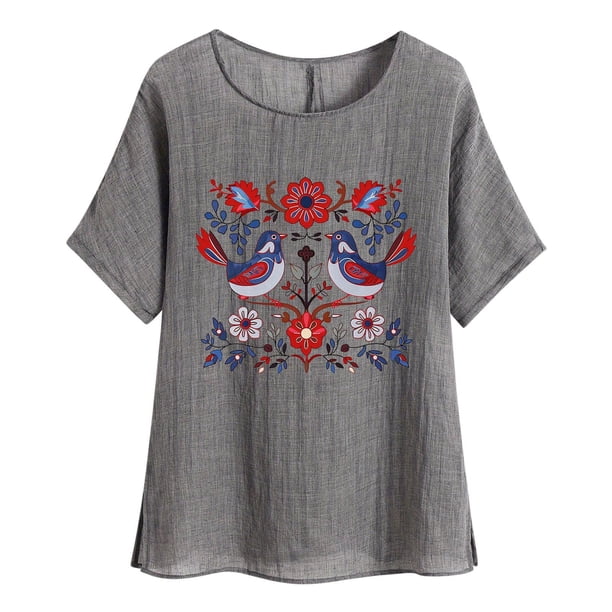Camiseta de Mujer Camiseta de Manga Corta Impresión Casual Raglan Suelto de Lino Top Blusas, Cuello de la Tripulación